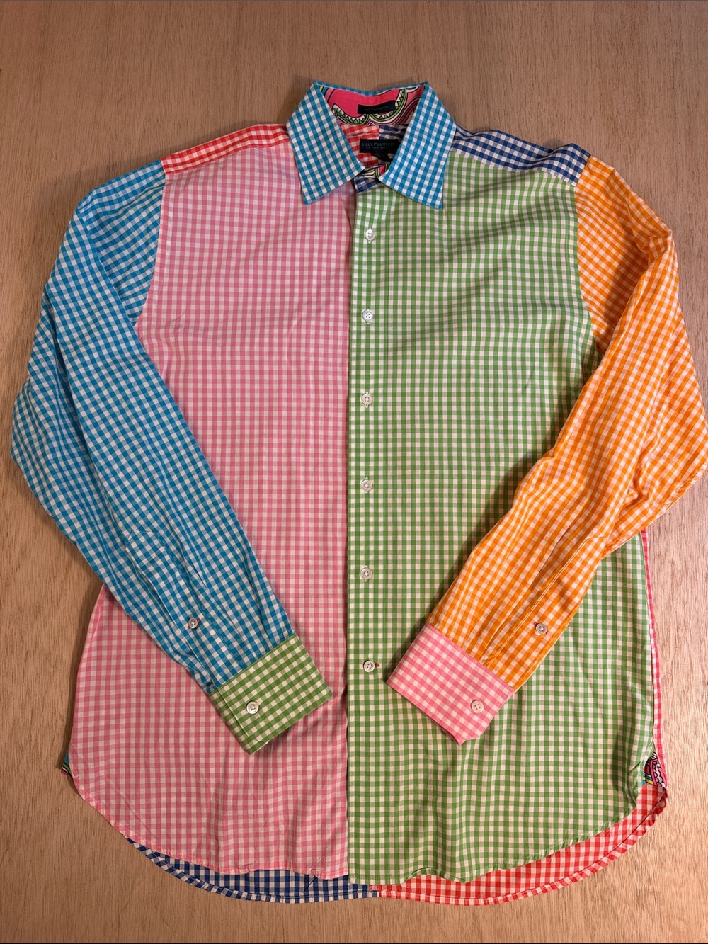 Lilly Pulitzer via Palm Beach Colorblock Gingham Button-Down Shirt Blue, Pink M - Picture 4 of 9